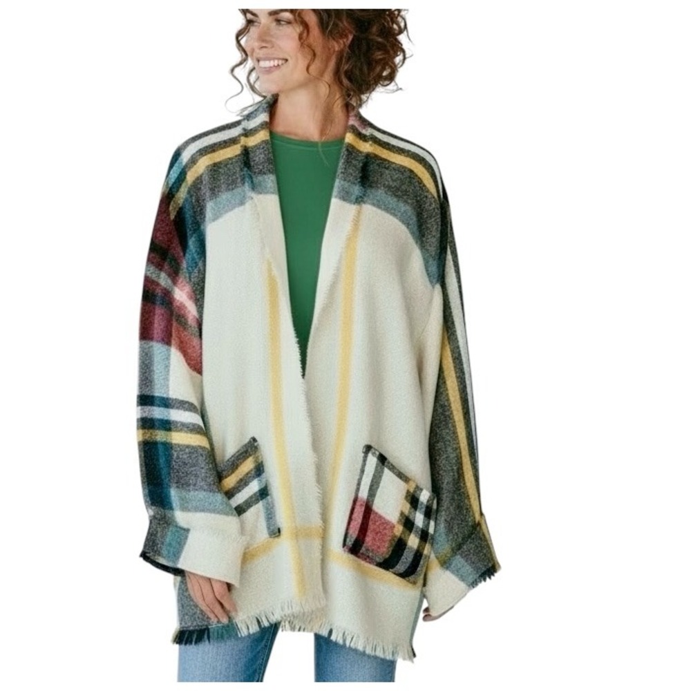 Handmade Light Weight Cozy Plaid‎ Open Front Cardigan Jacket Pockets XXL
